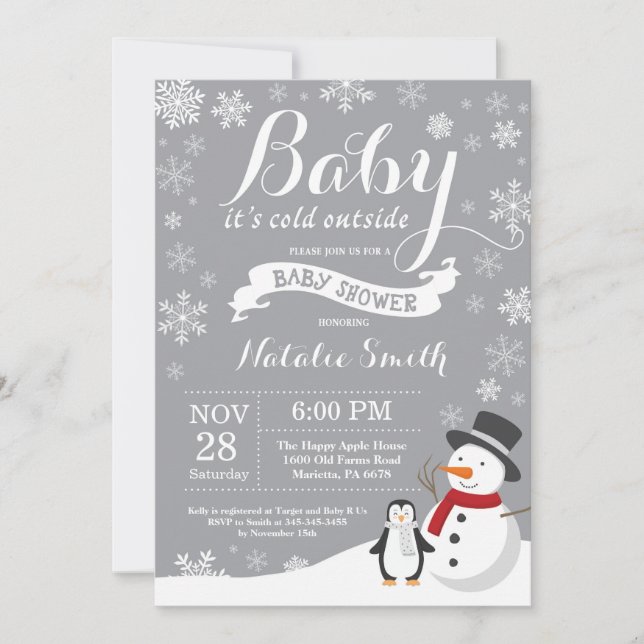 Invitación Bebé, frío fuera del invierno Baby Shower Gray (Anverso)