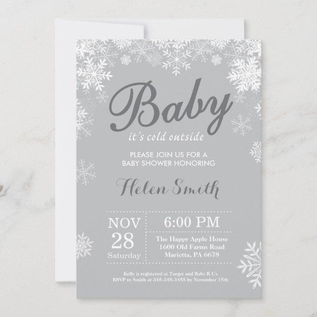 Invitación Bebé, frío fuera del invierno Baby Shower gris (Anverso)