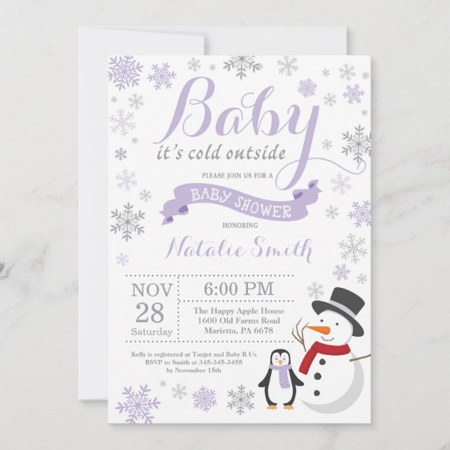 Invitación Bebé, frío fuera del invierno Baby Shower Purple (Anverso)