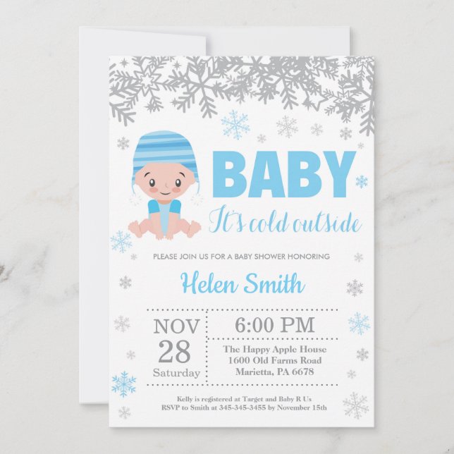 Invitación Bebé, frío fuera del invierno, Blue Boy Baby Showe (Anverso)