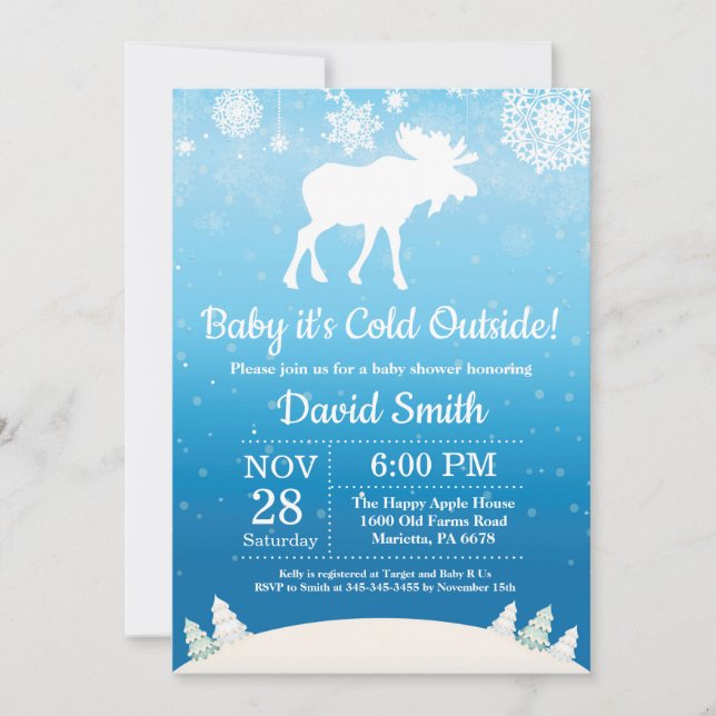 Invitación Bebé, frío fuera del invierno, Moose Boy Baby Show (Anverso)