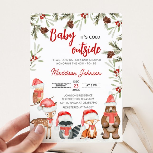 Invitación Bebé, frío fuera del invierno, Woodland Baby Showe (Winter Woodland Animals Baby Shower Invitation)