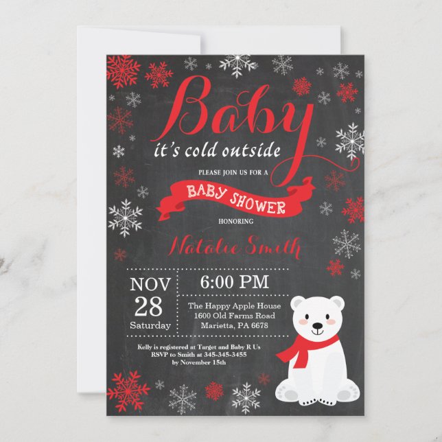Invitación Bebé, frío fuera del oso polaco, Baby Shower rojo (Anverso)