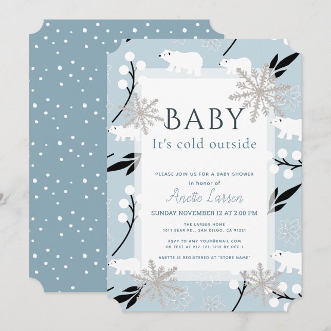 Invitación Bebé, frío fuera del oso polar, Baby Shower azul (Anverso / Reverso)