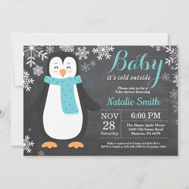 Invitación Bebé, frío fuera del pingüino Aqua Baby Shower (Anverso)