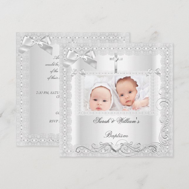 Invitación Bebé gemelo Chica bautismo niño cristiano encaje b (Anverso / Reverso)