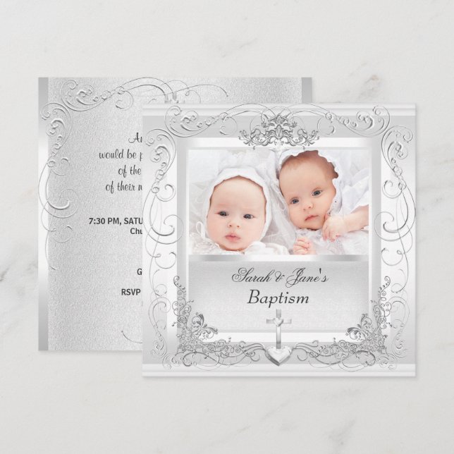 Invitación Bebé gemelo Chica Christening Baptism White (Anverso / Reverso)