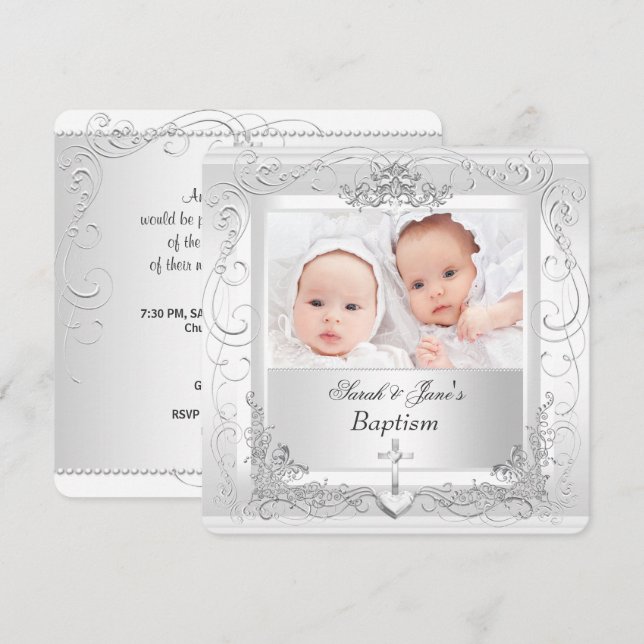 Invitación Bebé gemelo Chica Christening Baptism White 2a (Anverso / Reverso)