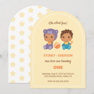 Invitación Bebé gemelos primer niño de cumpleaños oso morado
