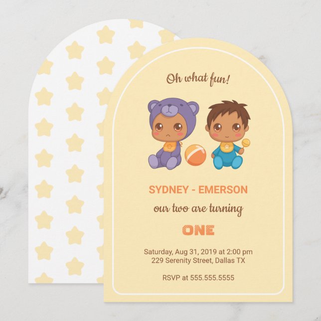 Invitación Bebé gemelos primer niño de cumpleaños oso morado  (Anverso / Reverso)