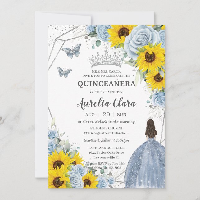 Invitación Bebé girasol Floral Azul Princesa Quinceañera (Anverso)
