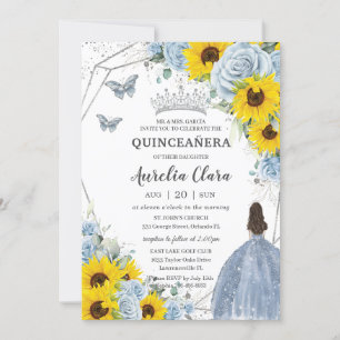 Invitación Bebé girasol Floral Azul Princesa Quinceañera