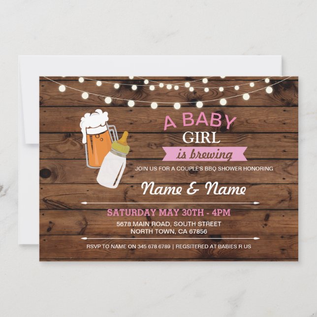Invitación Bebe Girl Brewing Shower Beers Pink Wood Invite (Anverso)