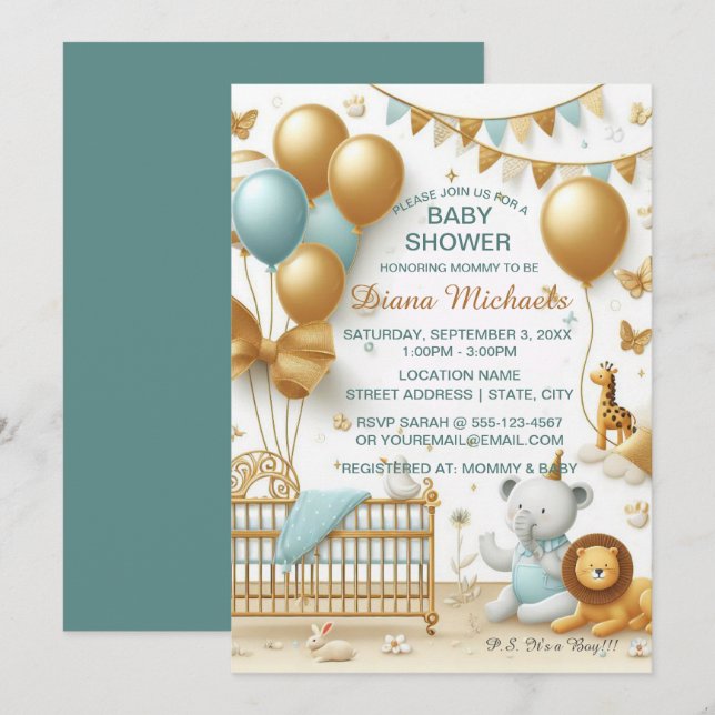 Invitación Bebé Globos dorados y juguetes (Anverso / Reverso)