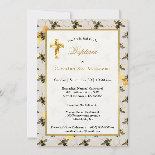 Invitación Bebe Gold Honeycomb Baptism (Anverso)