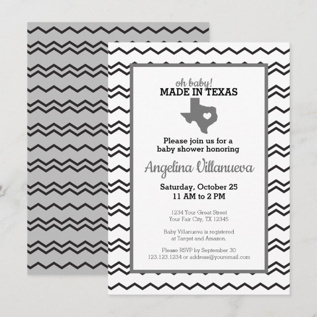 Invitación ¡Bebé Gris! Ducha Chevron Hecha en Texas (Anverso / Reverso)