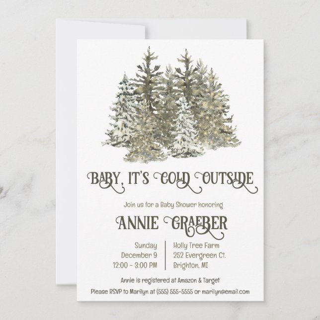 Invitación Bebé, hace frío afuera, Baby Shower de árbol everg (Anverso)