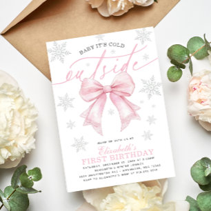 Invitación Bebé hace frío afuera Coqueta lazo rosa cumpleaños