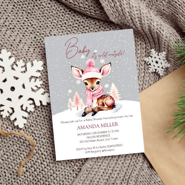Invitación Bebé, hace frío afuera de la chica bebé venado de  (Baby it's cold outside winter themed baby shower template invitation digital download cute deer snow)