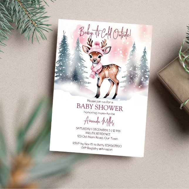 Invitación Bebé, hace frío afuera de la chica bebé venado de  (Baby it's cold outside deer baby shower template invitation digital download watercolor cute deer)