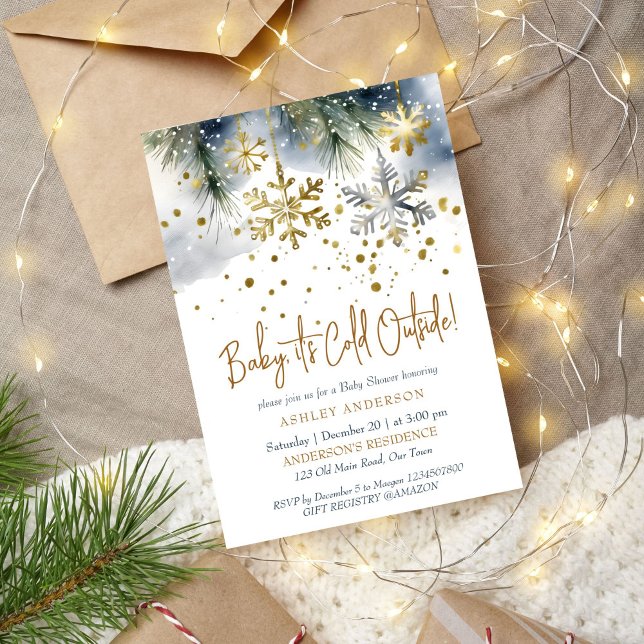 Invitación Bebé, hace frío afuera de la ducha de bebé de invi (Baby it's cold outside boho winter baby shower editable template invitation digital download gold)
