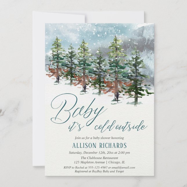 Invitación Bebé, hace frío afuera de los árboles de nevadas,  (Anverso)