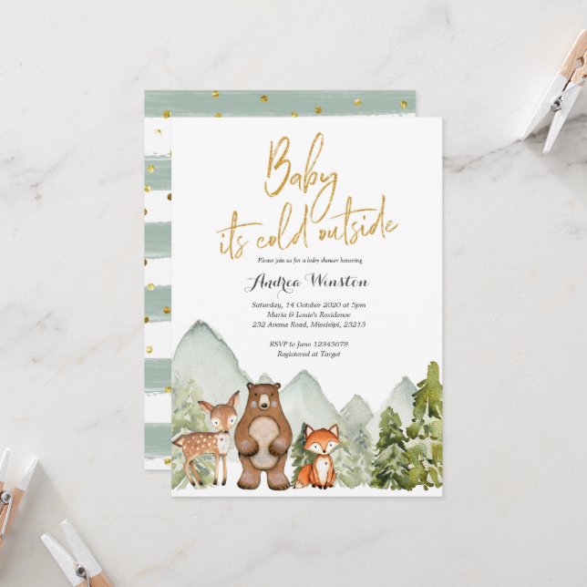 Invitación Bebé, hace frío afuera de Woodland Animal Baby Sho (Anverso/Reverso In Situ)