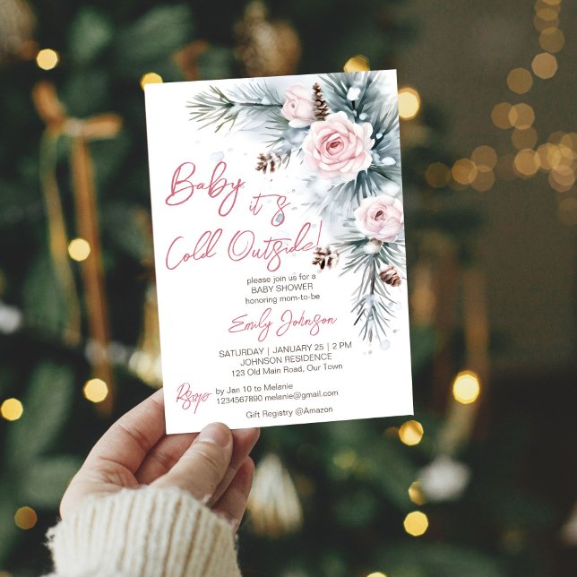Invitación Bebé, hace frío fuera de invierno, baby ducha past (Baby it's cold outside pastel pink roses snowy pinecones pines winter baby shower invitation)