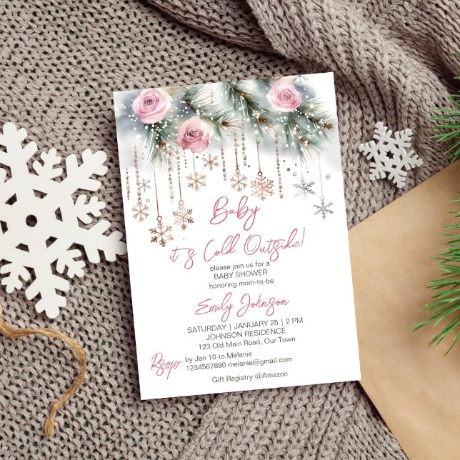 Invitación Bebé, hace frío fuera de invierno, baby ducha past (Baby it's cold outside winter baby shower template  invitation pastel pines pink roses snowflakes)