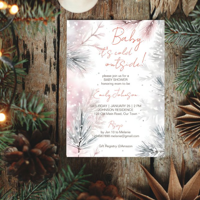 Invitación Bebé, hace frío fuera de invierno, baby ducha past (Baby it's cold outside winter baby shower pastel watercolor snowy pines template invitation)
