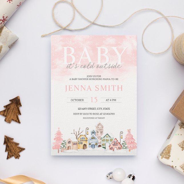 Invitación Bebé, hace frío fuera de la ducha de invierno Wond (Pink Winter Wonderland Baby Shower Invitation | Baby it's cold outside Girl's Christmas Baby Shower)