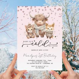 Invitación Bebé, hace frío fuera de rosa. Primer cumpleaños.