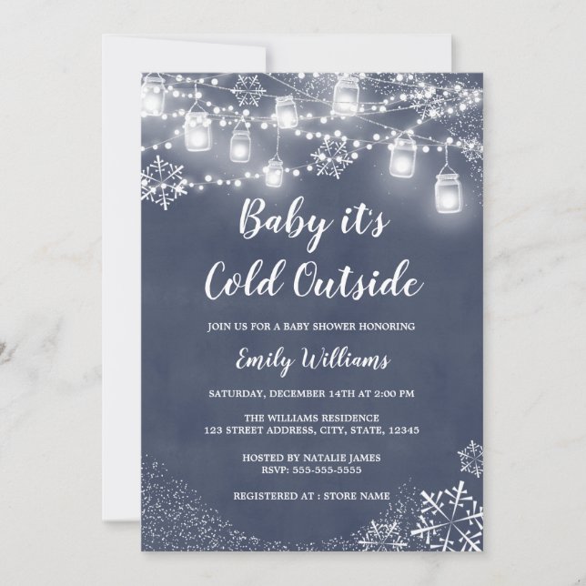 Invitación Bebé, hace frío fuera del Baby Shower azul de invi (Anverso)