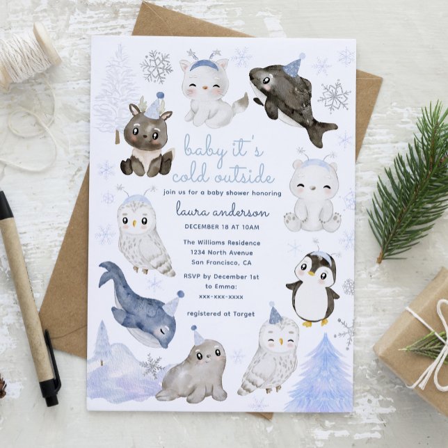 Invitación Bebé, hace frío fuera del Baby Shower de los anima (Winter Wonderland Baby It's cold Outside Card with blue watercolor animals. Image from freepik)