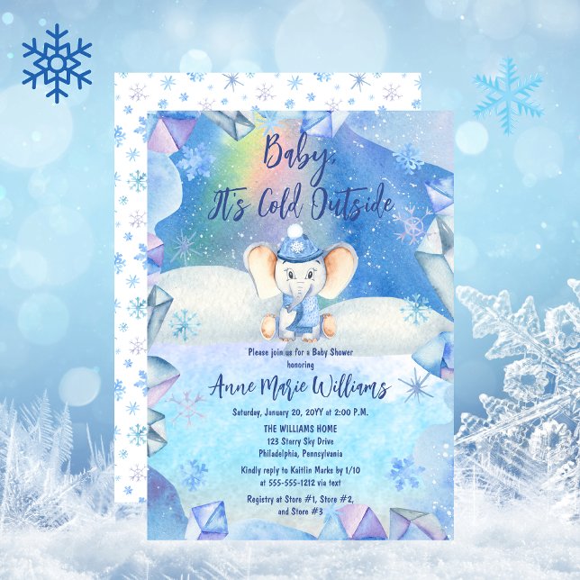 Invitación Bebé, hace frío fuera del Baby Shower de los elefa ("Baby, It's Cold Outside" Cute Elephant in Cap and Scarf Snowy and Icy Winter Baby Shower Invitation)