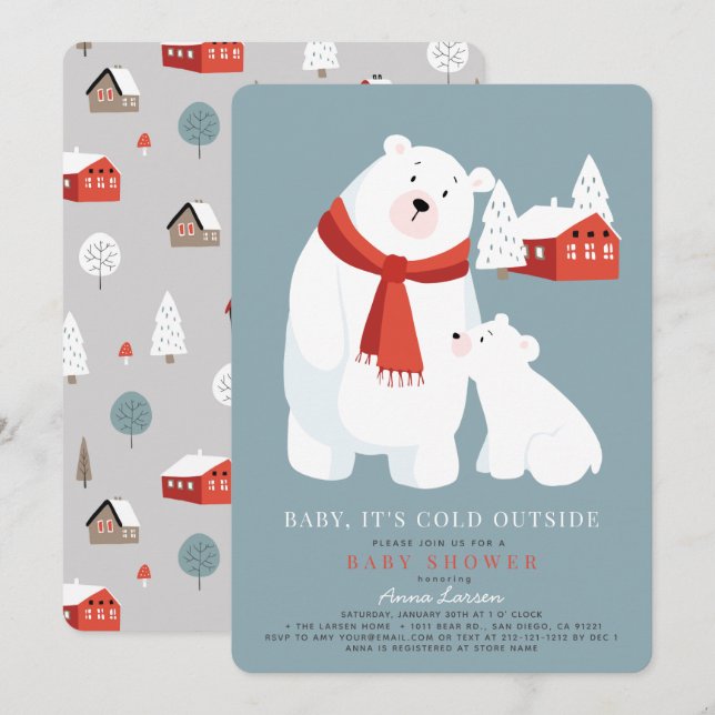 Invitación Bebé, hace frío fuera del Baby Shower del oso pola (Anverso / Reverso)