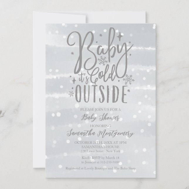 Invitación Bebé, hace frío fuera del Baby Shower gris platead (Anverso)