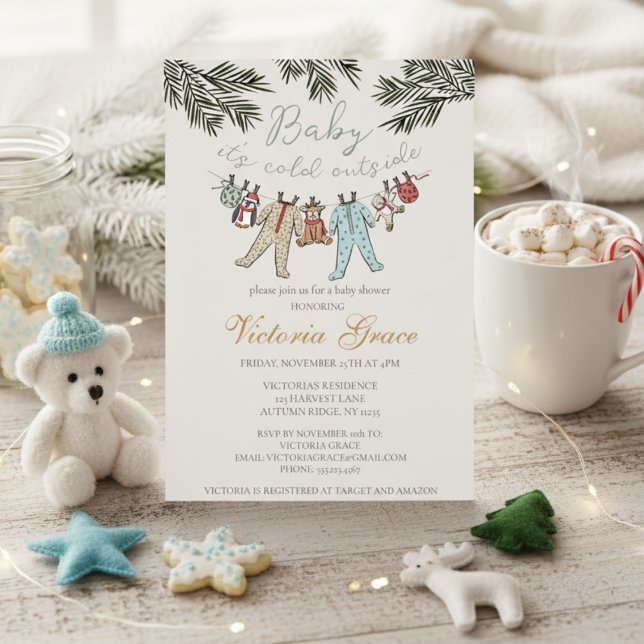 Invitación Bebé, hace frío fuera del Baby Shower neutral de g (Cute Baby It's Cold Outside Winter Baby Shower Invitations. Xmas Baby Pajamas, Stuffed Animals, Pine)