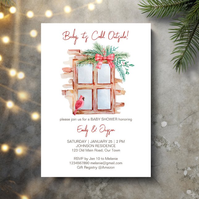 Invitación Bebé hace frío fuera del invierno bebé pastel (Baby it's cold outside winter baby pastel invitation cards template frosty window red bow pines bird)