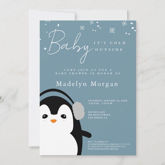 Invitación Bebé hace frío fuera del pingüino azul de invierno (Anverso)