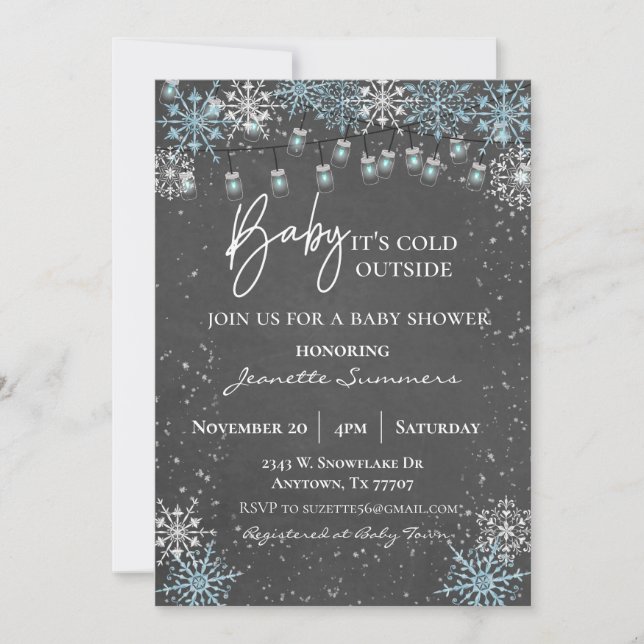 Invitación Bebé, hace frío fuera del velo azul Mason Jar (Anverso)