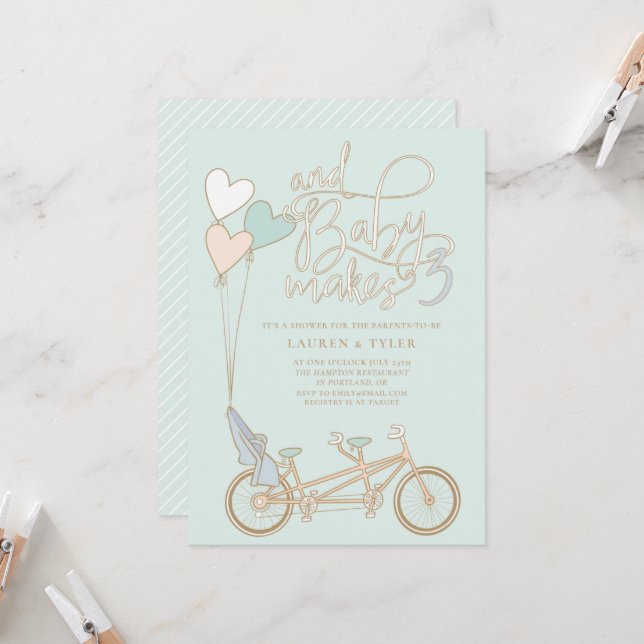 Invitación Bebé hace tres bici tándem con ducha de asiento pa (Anverso/Reverso In Situ)