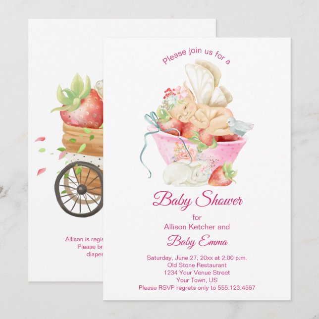 Invitación Bebé hada en Baby Shower de té rosado | (Anverso / Reverso)