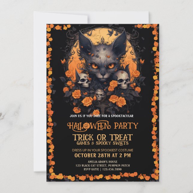 Invitación Bebé Halloween Flower con gatos enojados (Anverso)
