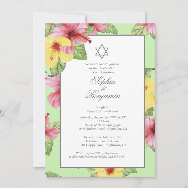 Invitación Bebé hebreo Nombrando floral tropical judía (Anverso)