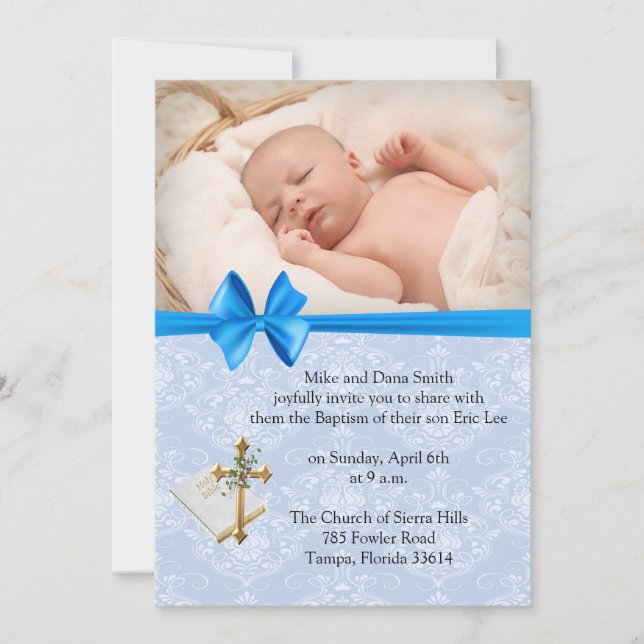 Invitación Bebé hermoso niño damasco azul bautizo  (Anverso)