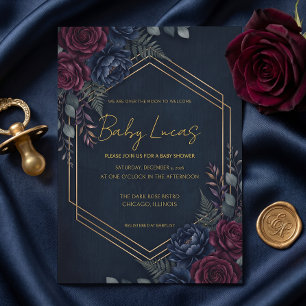 Invitación Bebé Hexágono Floral Oscuro Malhumorado Naval Burg