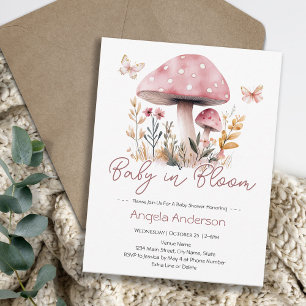 Invitación Bebé Hongo del Bosque Rosa en Flor Cumpleaños de B
