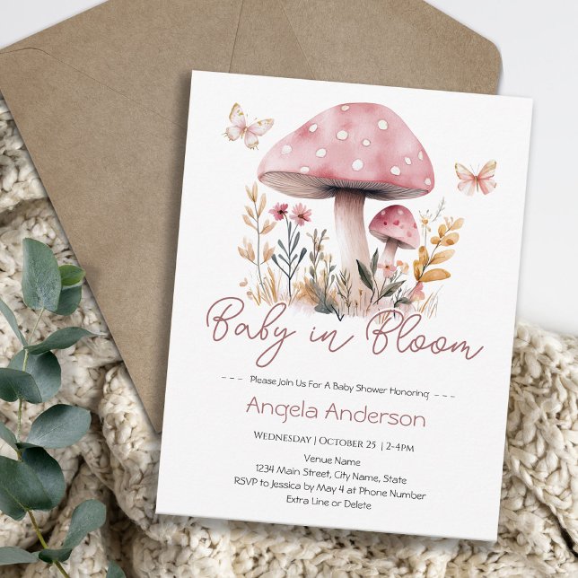 Invitación Bebé Hongo del Bosque Rosa en Flor Cumpleaños de B (Subido por el creador)