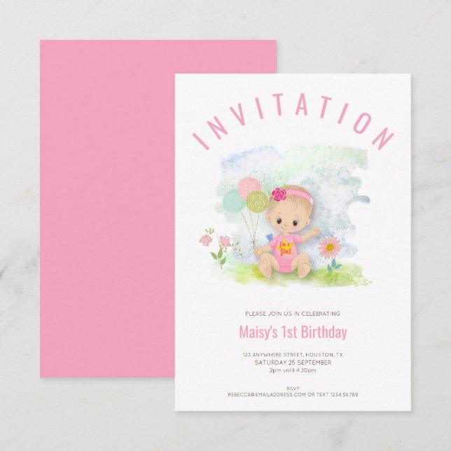 Invitación Bebé Ilustracion Rosa Primera Fiesta de Cumpleaños (Anverso / Reverso)